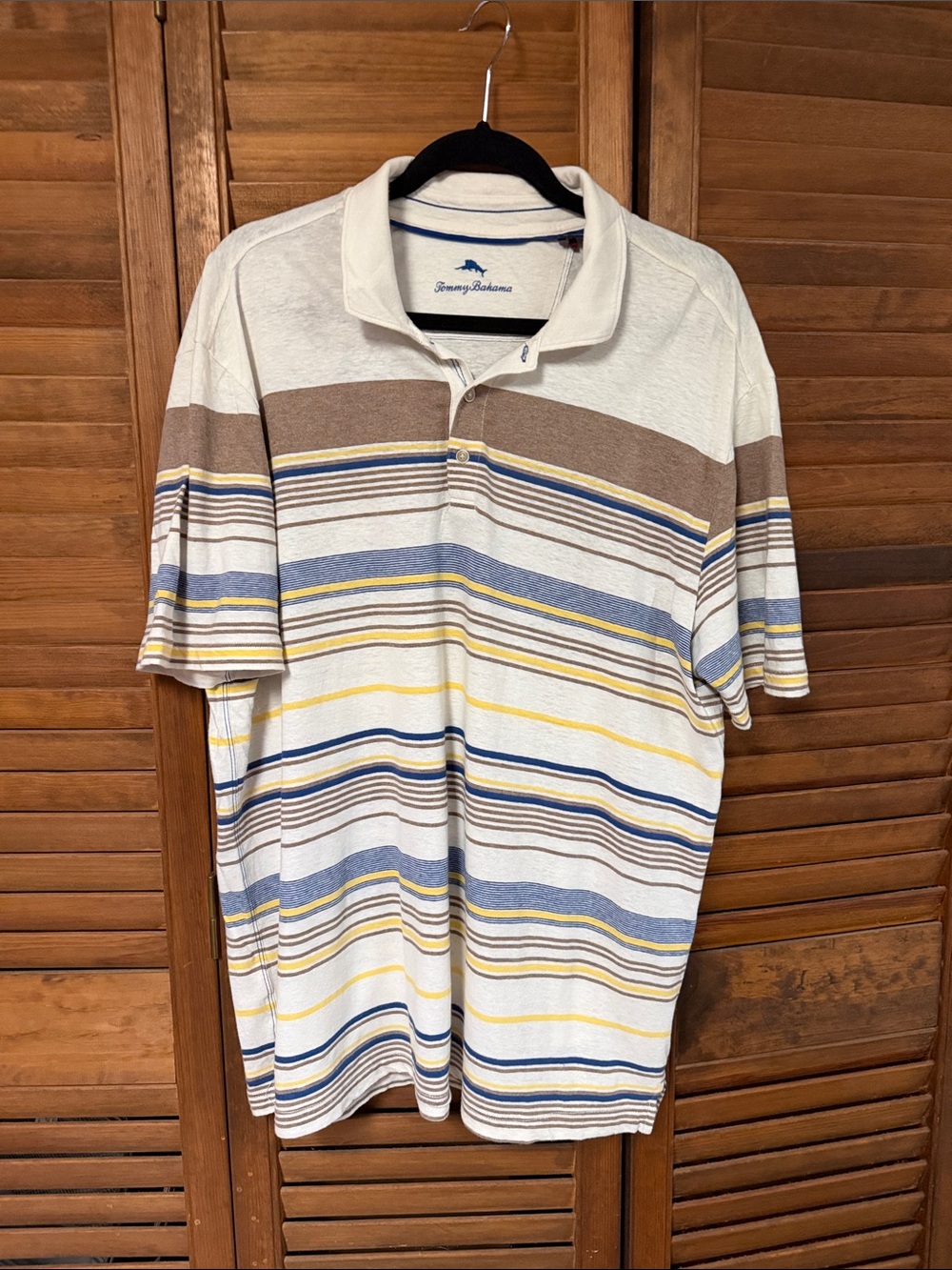 Tommy Bahama Cream, Brown, Blue & Yellow Striped Polo